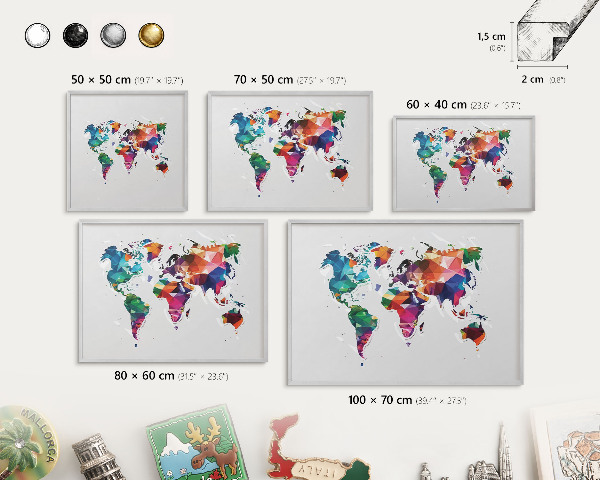Printed magnet board in a silver frame World map