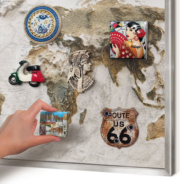 Souvenir magnet display board with a silver frame Relief map