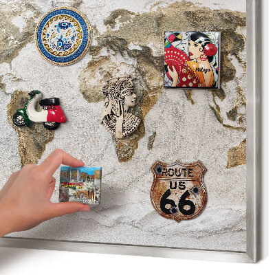 Souvenir magnet display board with a silver frame Relief map