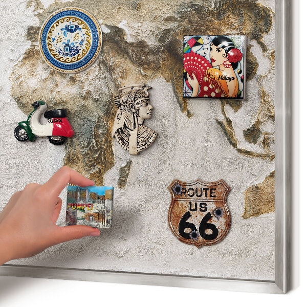 Souvenir magnet display board with a silver frame Relief map