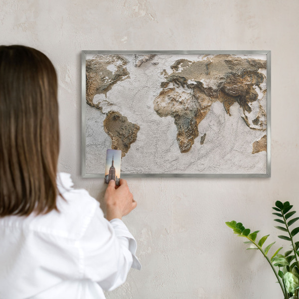 Souvenir magnet display board with a silver frame Relief map