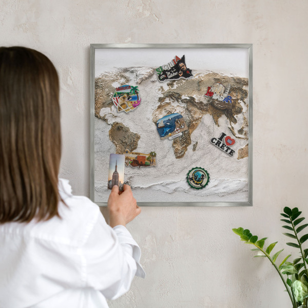 Souvenir magnet display board with a silver frame Relief map