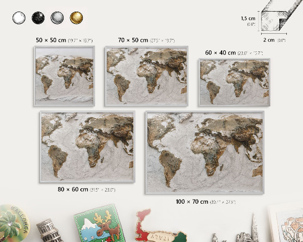 Souvenir magnet display board with a silver frame Relief map