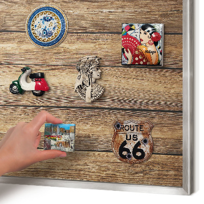 Printed magnet board in a silver frame Wooden texture