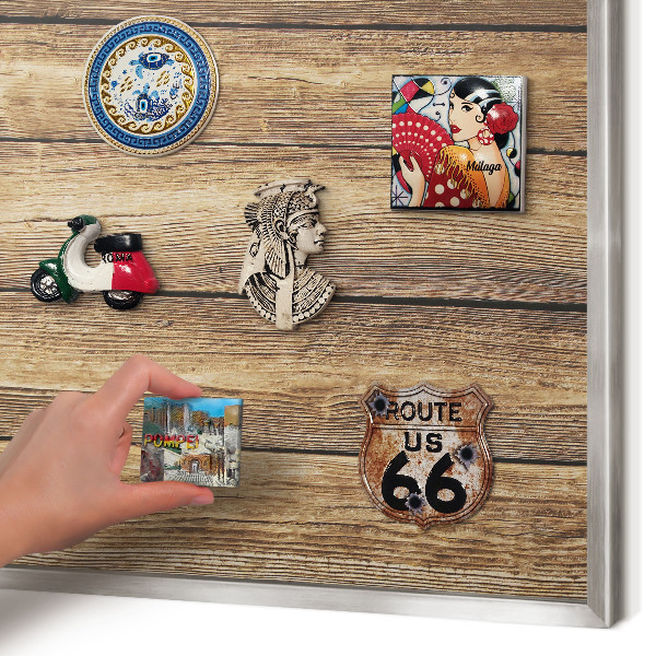 Printed magnet board in a silver frame Wooden texture