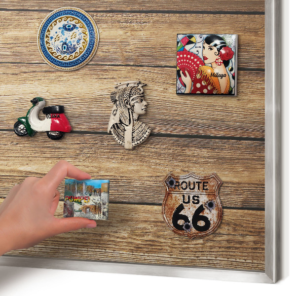 Printed magnet board in a silver frame Wooden texture
