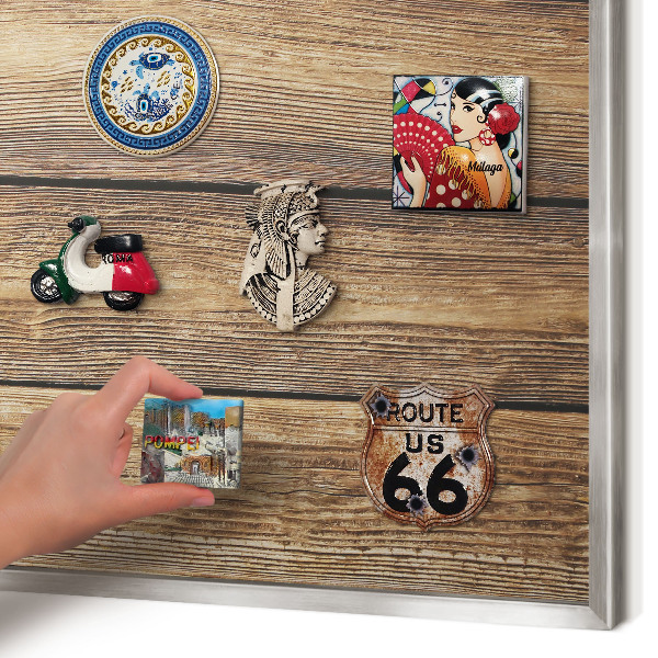 Printed magnet board in a silver frame Wooden texture