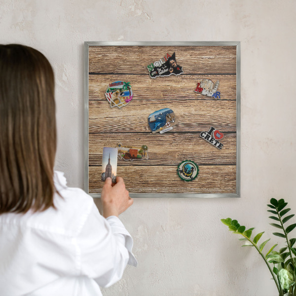 Printed magnet board in a silver frame Wooden texture