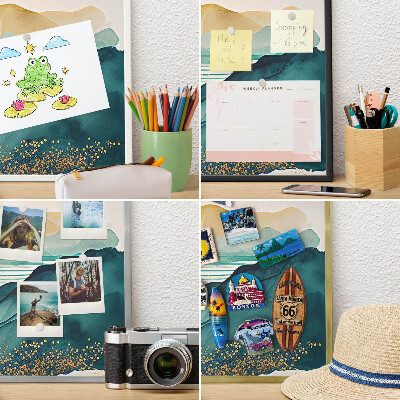 Souvenir magnet display board with a silver frame A peaceful view