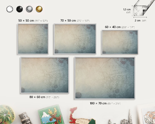 Printed magnet board in a silver frame Old map