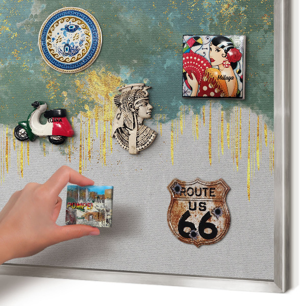 Souvenir magnet display board with a silver frame Turquoise abstraction