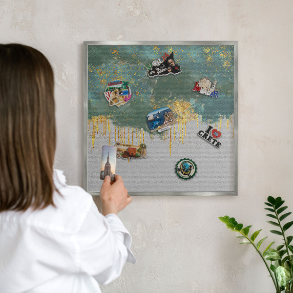 Souvenir magnet display board with a silver frame Turquoise abstraction