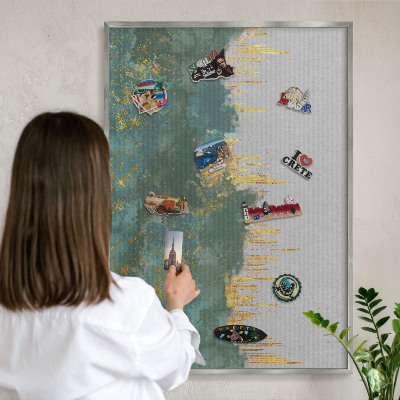 Souvenir magnet display board with a silver frame Turquoise abstraction