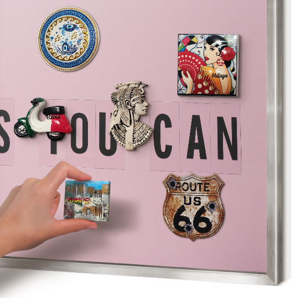 Souvenir magnet display board with a silver frame Motivation every day