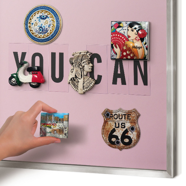 Souvenir magnet display board with a silver frame Motivation every day