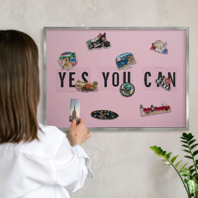 Souvenir magnet display board with a silver frame Motivation every day