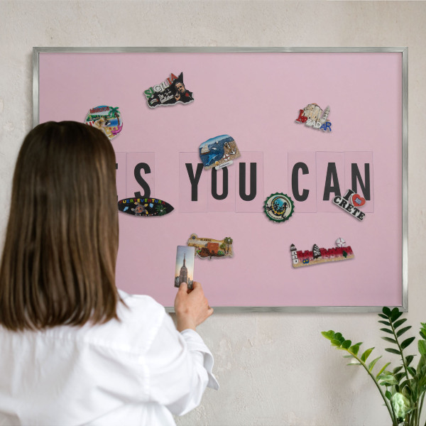Souvenir magnet display board with a silver frame Motivation every day