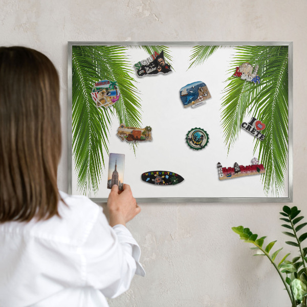 Souvenir magnet display board with a silver frame Exotic nature