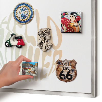 Souvenir magnet display board with a silver frame Hello summer
