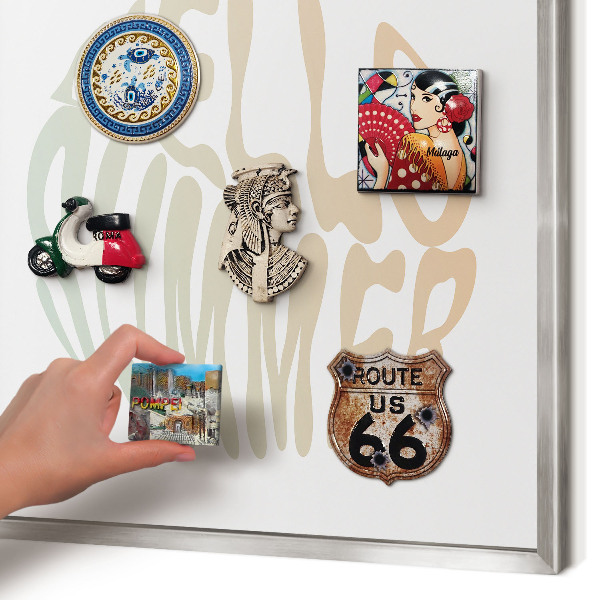 Souvenir magnet display board with a silver frame Hello summer