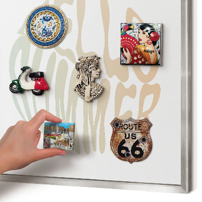 Souvenir magnet display board with a silver frame Hello summer