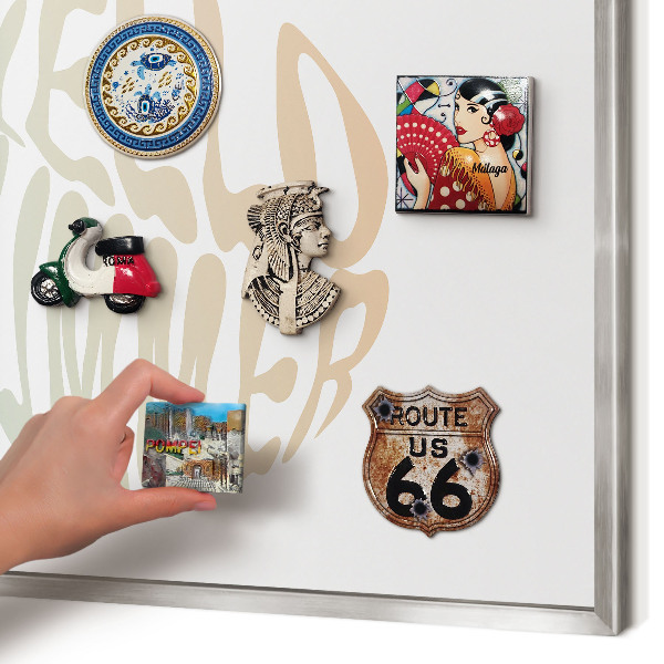 Souvenir magnet display board with a silver frame Hello summer