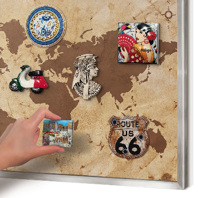 Souvenir magnet display board with a silver frame World map