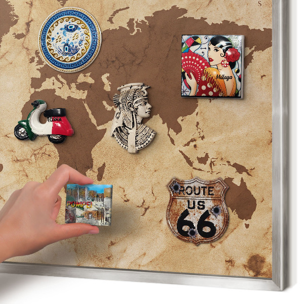 Souvenir magnet display board with a silver frame World map