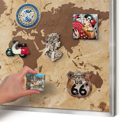 Souvenir magnet display board with a silver frame World map