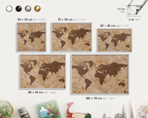 Souvenir magnet display board with a silver frame World map