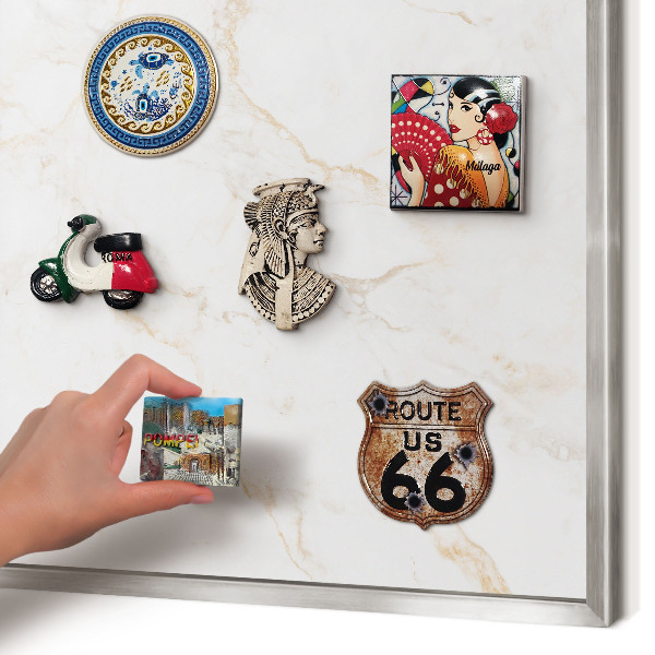 Souvenir magnet display board with a silver frame Marble elegance