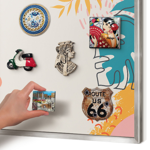Souvenir magnet display board with a silver frame Modern nature