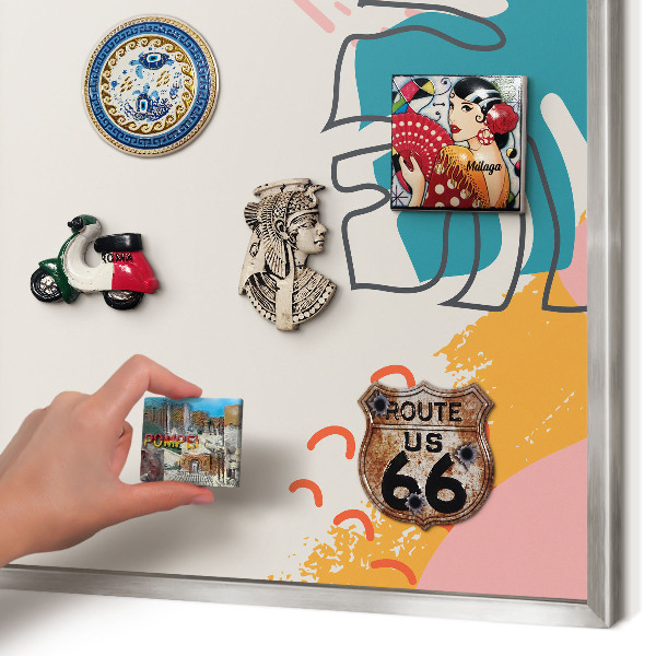 Souvenir magnet display board with a silver frame Modern nature