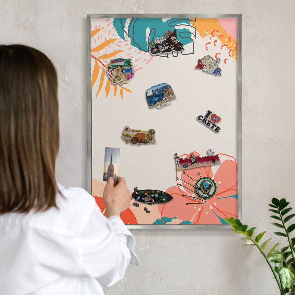 Souvenir magnet display board with a silver frame Modern nature