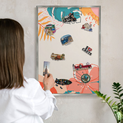 Souvenir magnet display board with a silver frame Modern nature
