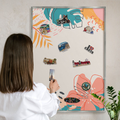 Souvenir magnet display board with a silver frame Modern nature