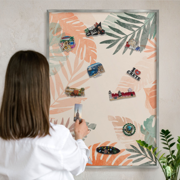 Printed magnet board in a silver frame Tropical leaves