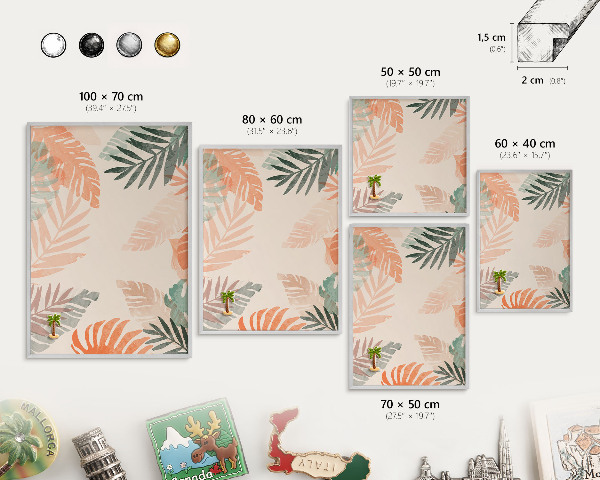 Printed magnet board in a silver frame Tropical leaves