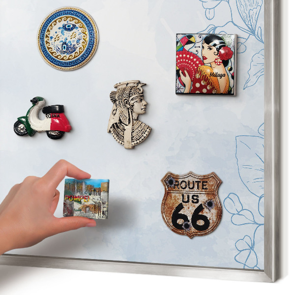 Souvenir magnet display board with a silver frame Floristic elegance