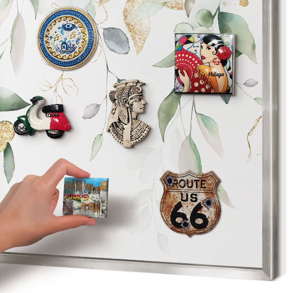 Souvenir magnet display board with a silver frame Green leaves