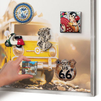 Souvenir magnet display board with a silver frame Retro travel