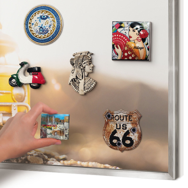 Souvenir magnet display board with a silver frame Retro travel