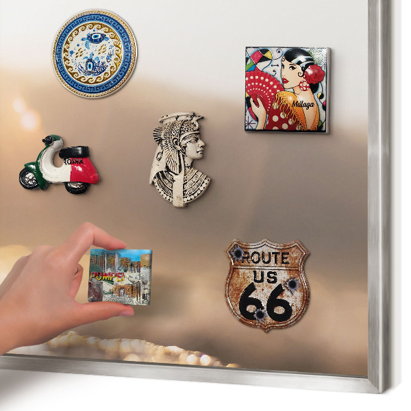 Souvenir magnet display board with a silver frame Retro travel