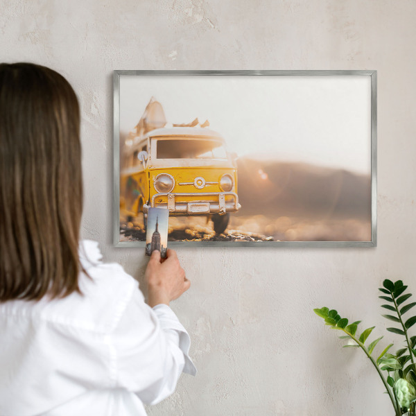 Souvenir magnet display board with a silver frame Retro travel