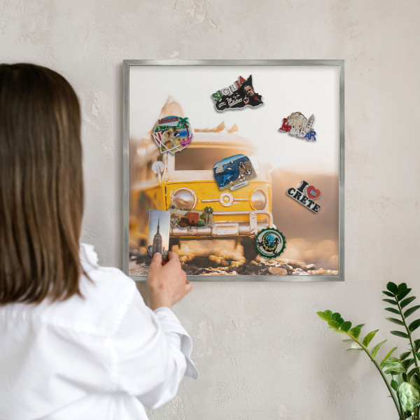 Souvenir magnet display board with a silver frame Retro travel