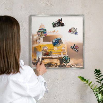 Souvenir magnet display board with a silver frame Retro travel