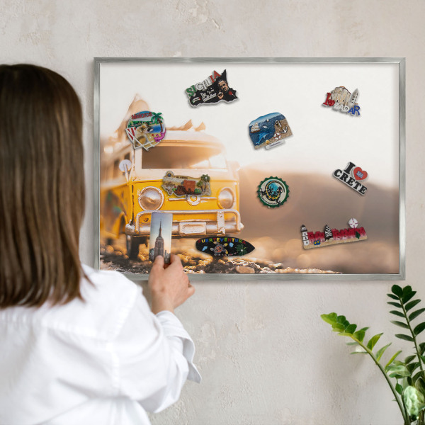 Souvenir magnet display board with a silver frame Retro travel