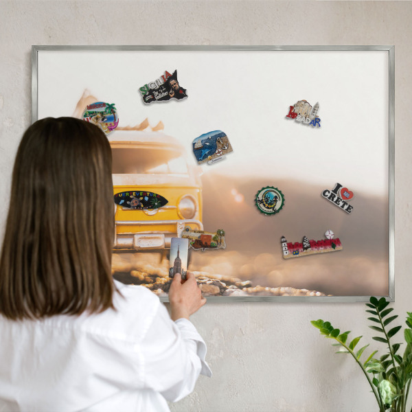 Souvenir magnet display board with a silver frame Retro travel