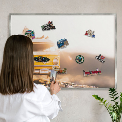 Souvenir magnet display board with a silver frame Retro travel
