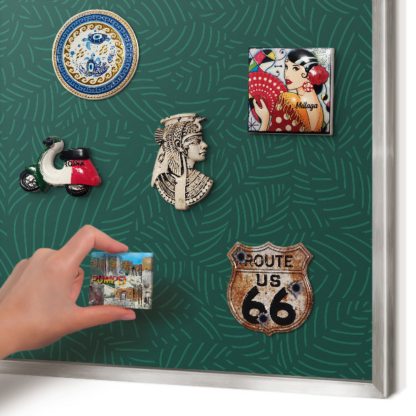 Souvenir magnet display board with a silver frame Green leaves